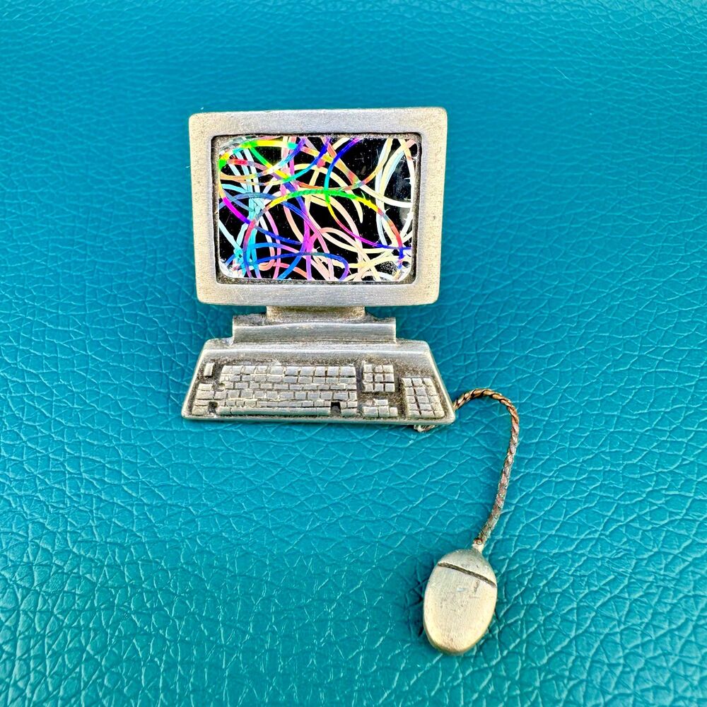 Vintage Brooch Pin Computer with Dangle Mouse by JJ Jonette Pewter Desktop Y2K